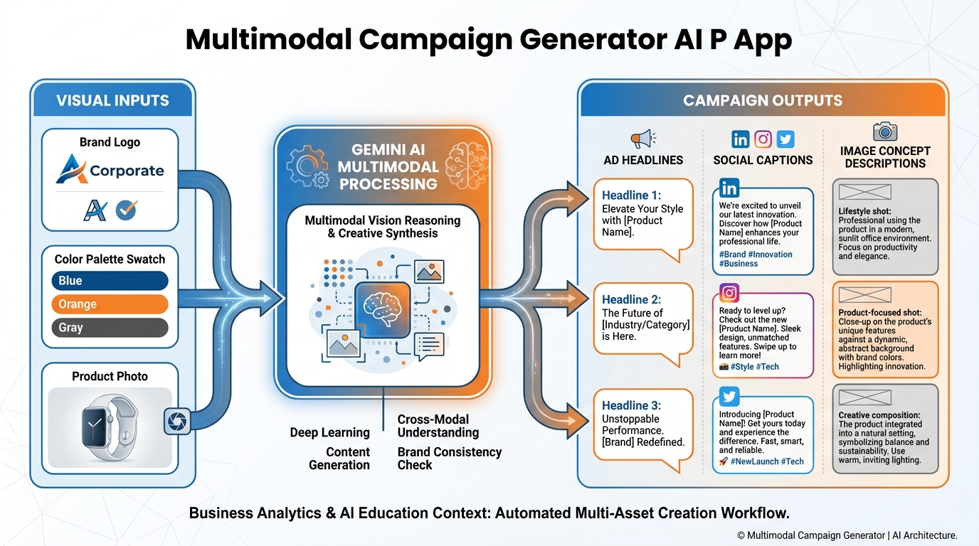 The Multimodal Campaign Generator app architecture showing image inputs, Gemini vision reasoning, and campaign asset outputs