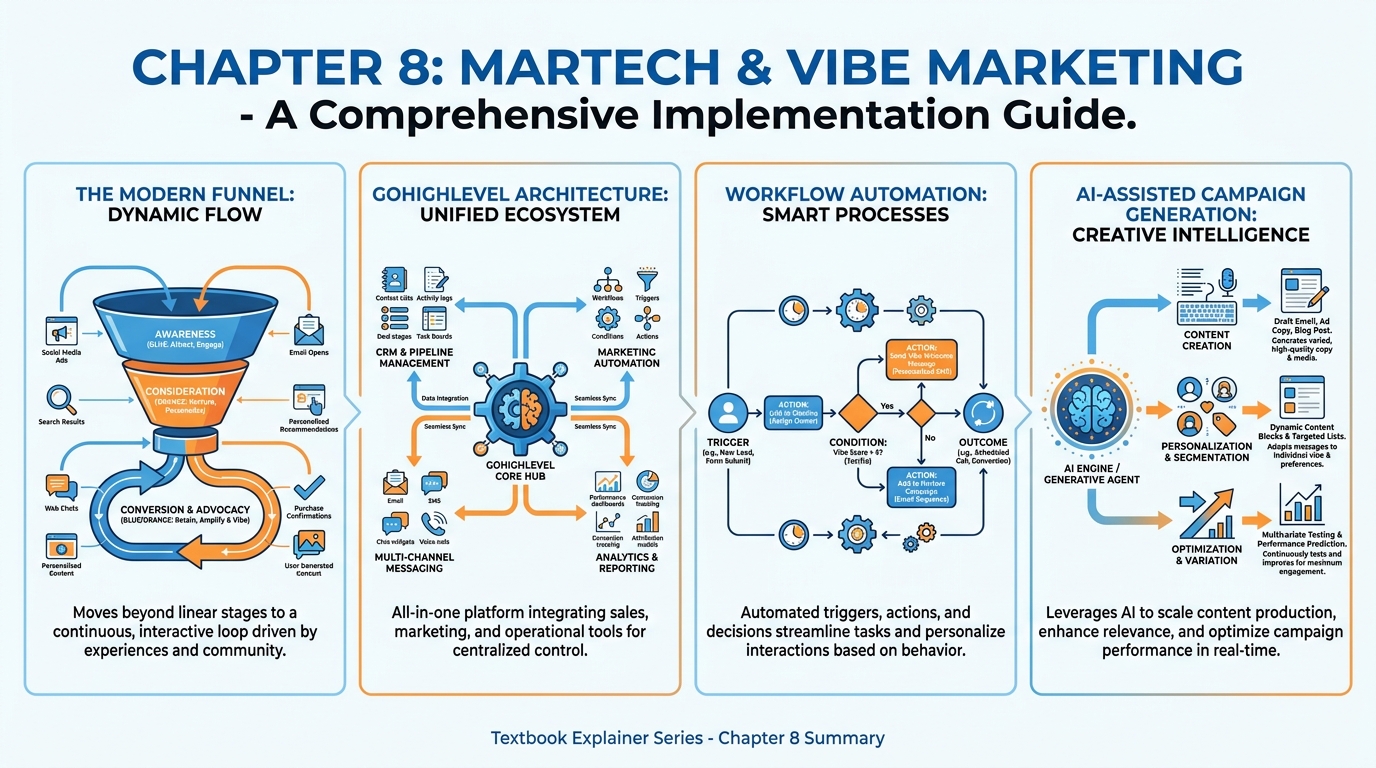 Chapter 8 overview infographic summarizing MarTech, the modern funnel, GoHighLevel architecture, workflow automation, and AI-assisted campaign generation