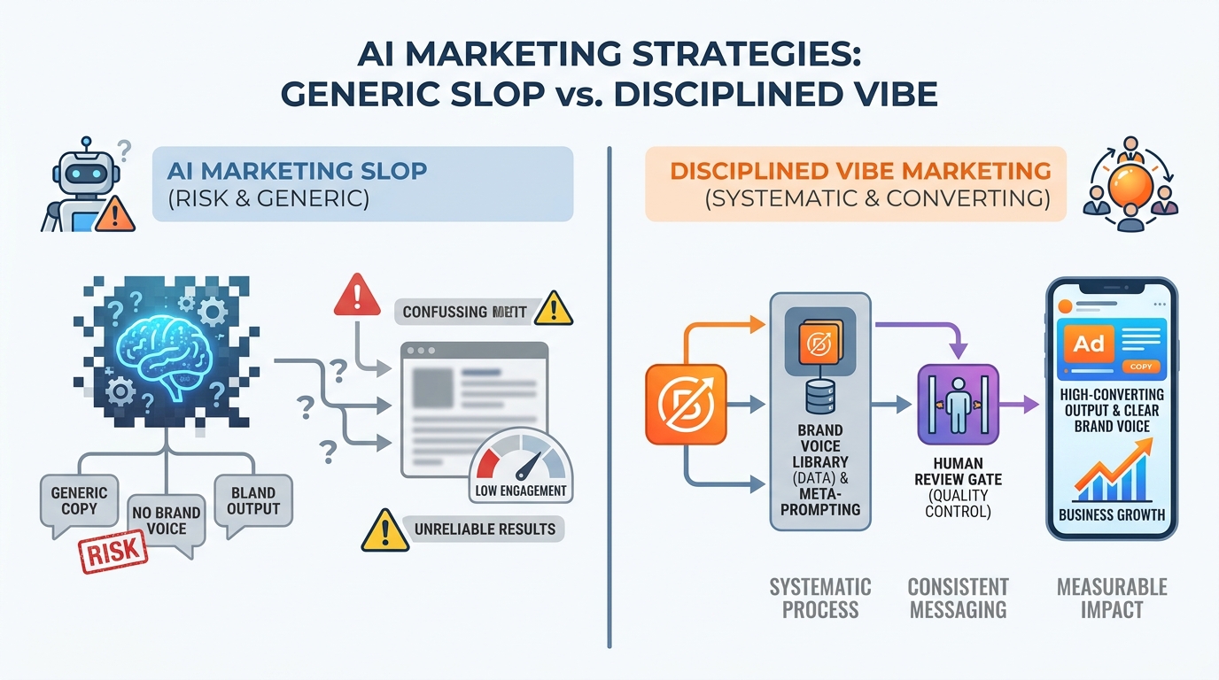 Comparison of generic AI-generated marketing slop versus disciplined vibe marketing with brand voice systems and human review gates