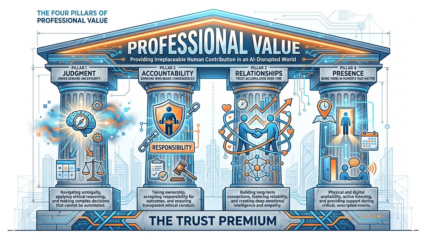 Four-pillar diagram showing judgment under genuine uncertainty, accountability, relationships, and presence as the durable foundations of professional value in an AI-disrupted world