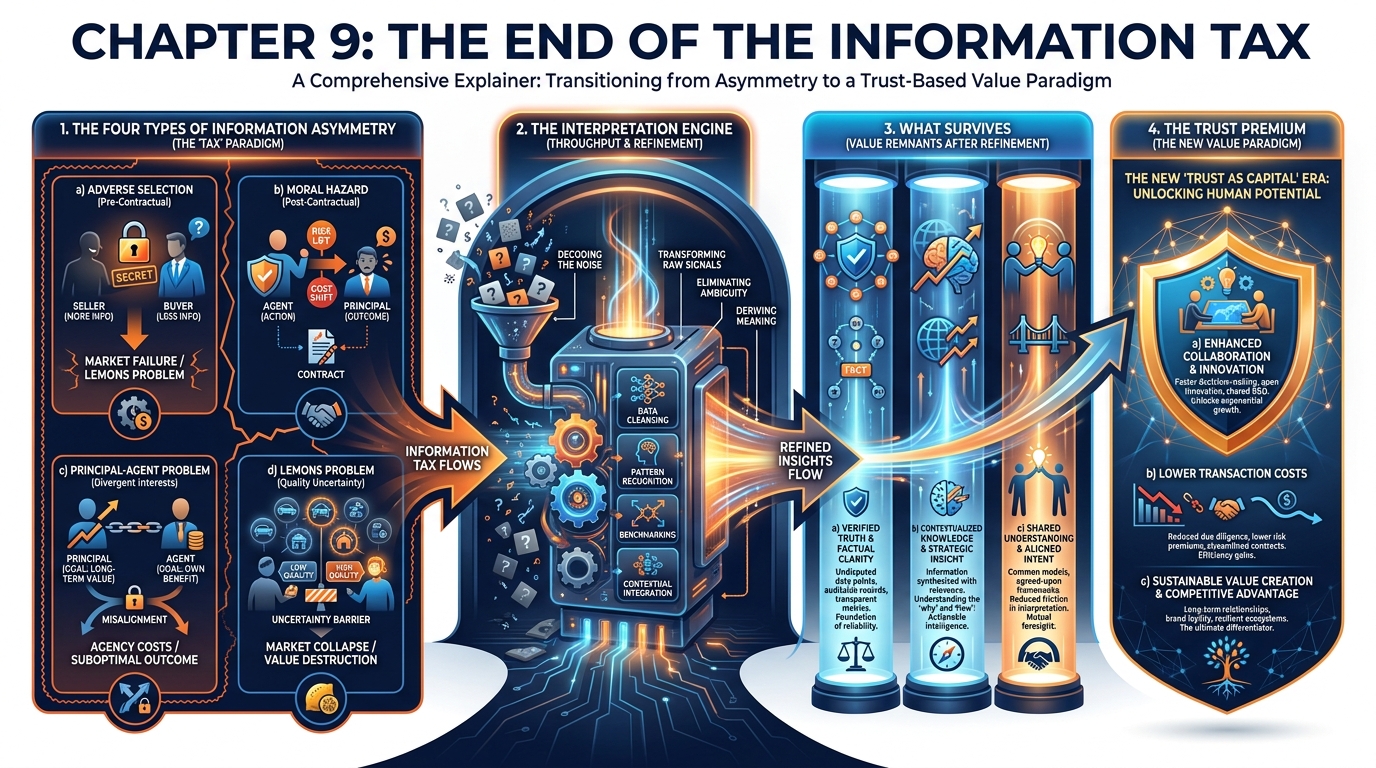 Chapter 9 overview infographic summarizing the four types of information asymmetry, the interpretation engine, what survives the collapse, and the trust premium framework