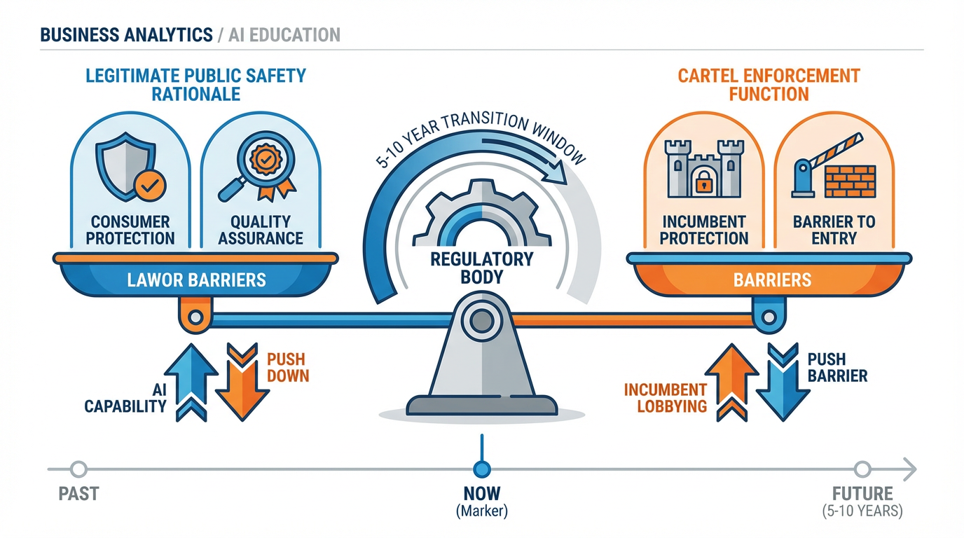 Diagram showing the regulator's dilemma between legitimate public protection rationale and cartel enforcement function, with the 5-10 year transition window and the forces pushing on both sides