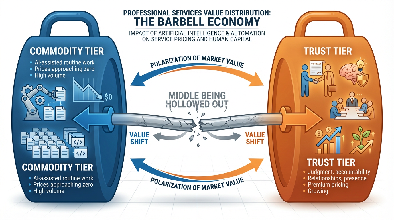 Barbell economy diagram showing the commodity tier collapsing in price while the trust tier commands an increasing premium, with the middle being hollowed out