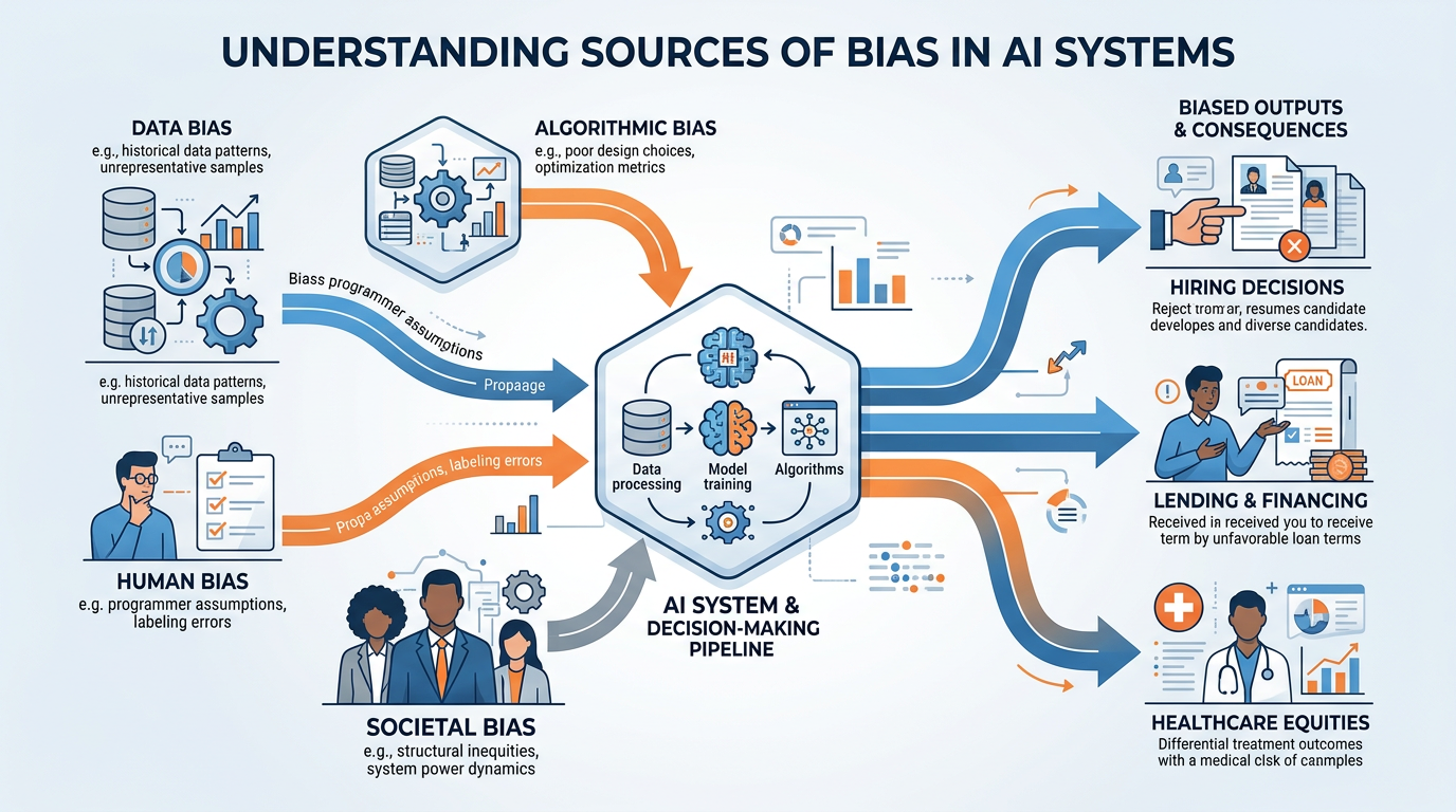 Diagram showing four sources of AI bias — data bias, algorithmic bias, human bias, and societal bias — flowing into an AI system and producing biased outputs