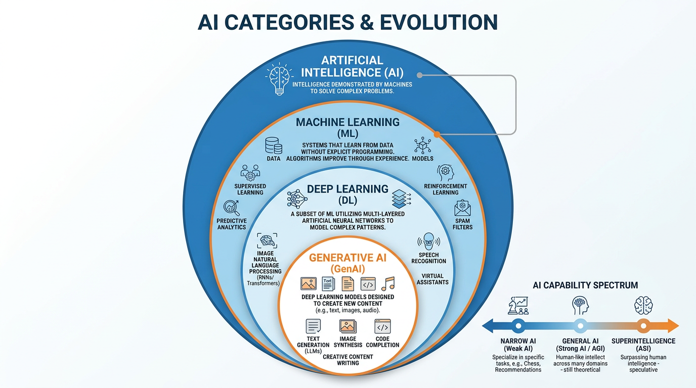 Hierarchical diagram showing AI categories from Artificial Intelligence to Machine Learning to Deep Learning to Generative AI, with Narrow AI, General AI, and Superintelligence spectrum