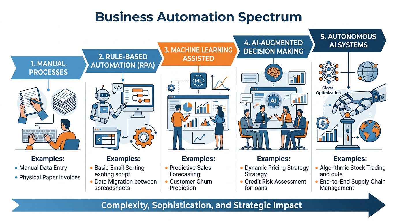Business automation spectrum showing progression from manual processes through rule-based automation, ML-assisted, AI-augmented decision making, to autonomous AI systems