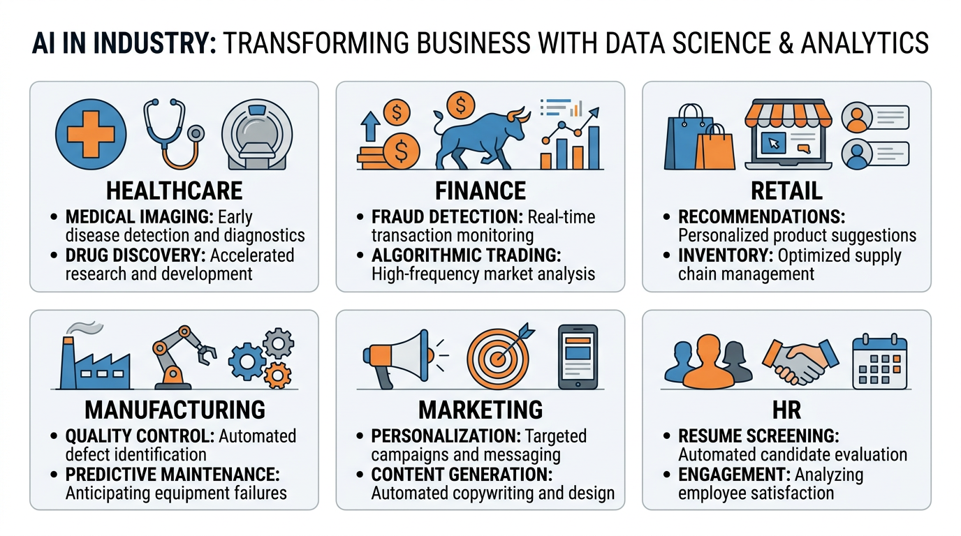 Grid showing AI applications across six industry sectors — healthcare, finance, retail, manufacturing, marketing, and HR — with specific use cases for each
