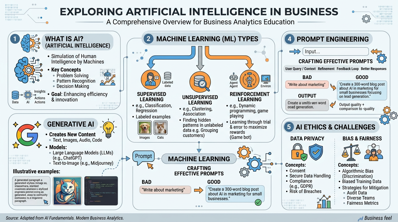 A comprehensive infographic summarizing key concepts in AI for business, including AI categories, machine learning, generative AI, prompt engineering, and ethical considerations