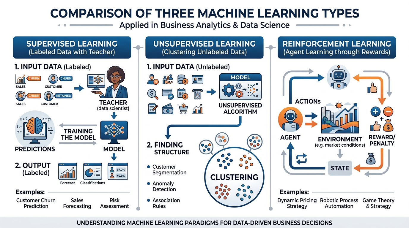 A comparison diagram showing the three types of machine learning - supervised, unsupervised, and reinforcement learning - with business examples for each