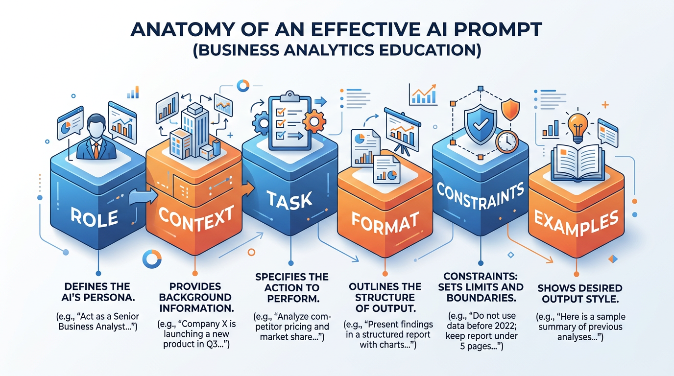 A diagram showing the key components of an effective AI prompt, including role, context, task, format, constraints, and examples