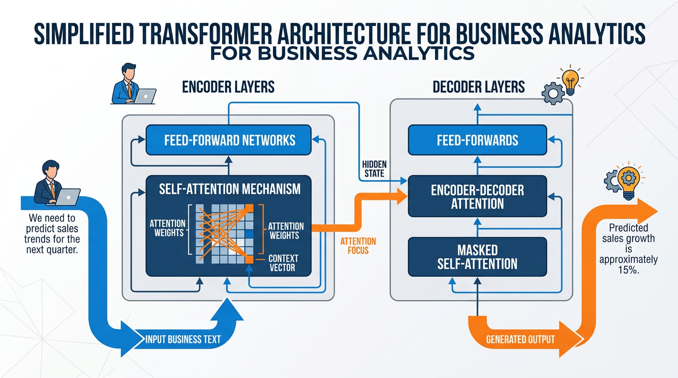 A simplified diagram showing how the transformer architecture processes input text through attention mechanisms to generate output text