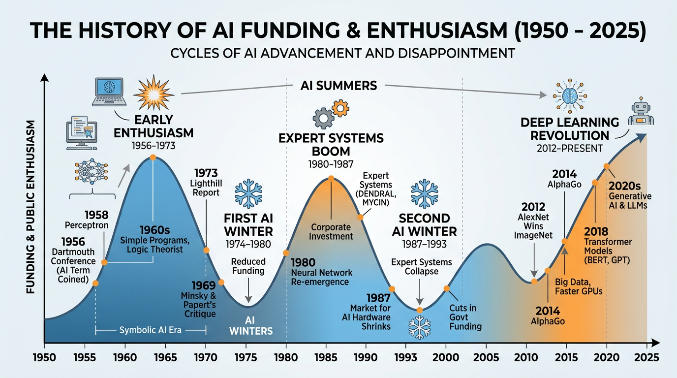 Wave diagram showing AI funding and enthusiasm from 1950 to 2025 with peaks during AI summers and valleys during AI winters