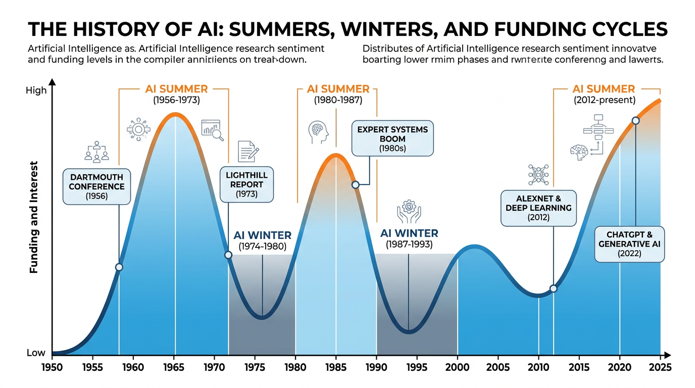A timeline showing the alternating AI summers and winters from 1950 to 2025, with funding levels and key milestones marked