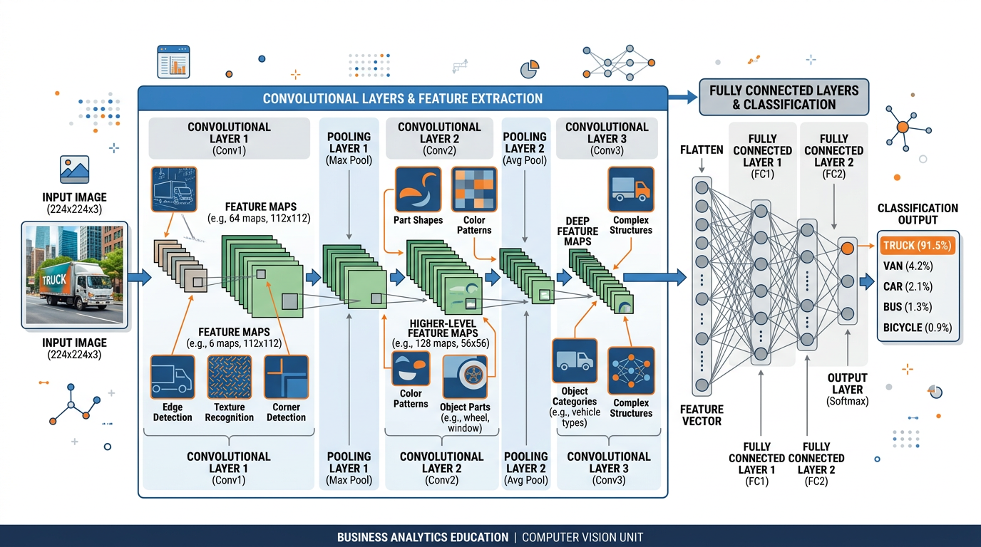 Diagram showing how a convolutional neural network processes an image through convolutional layers, pooling layers, and fully connected layers to produce a classification