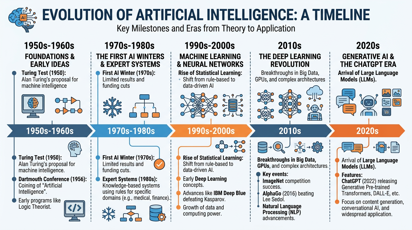 A comprehensive infographic showing the evolution of artificial intelligence from 1950 to present, including key milestones, AI winters and summers, and the deep learning revolution