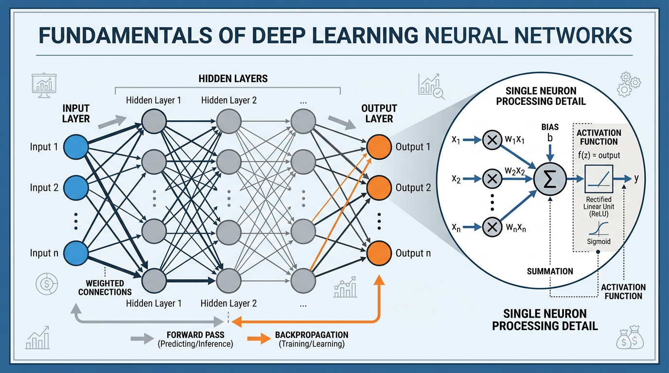 Detailed neural network diagram showing input layer, hidden layers, and output layer with a zoom-in on a single neuron showing weights, bias, and activation function