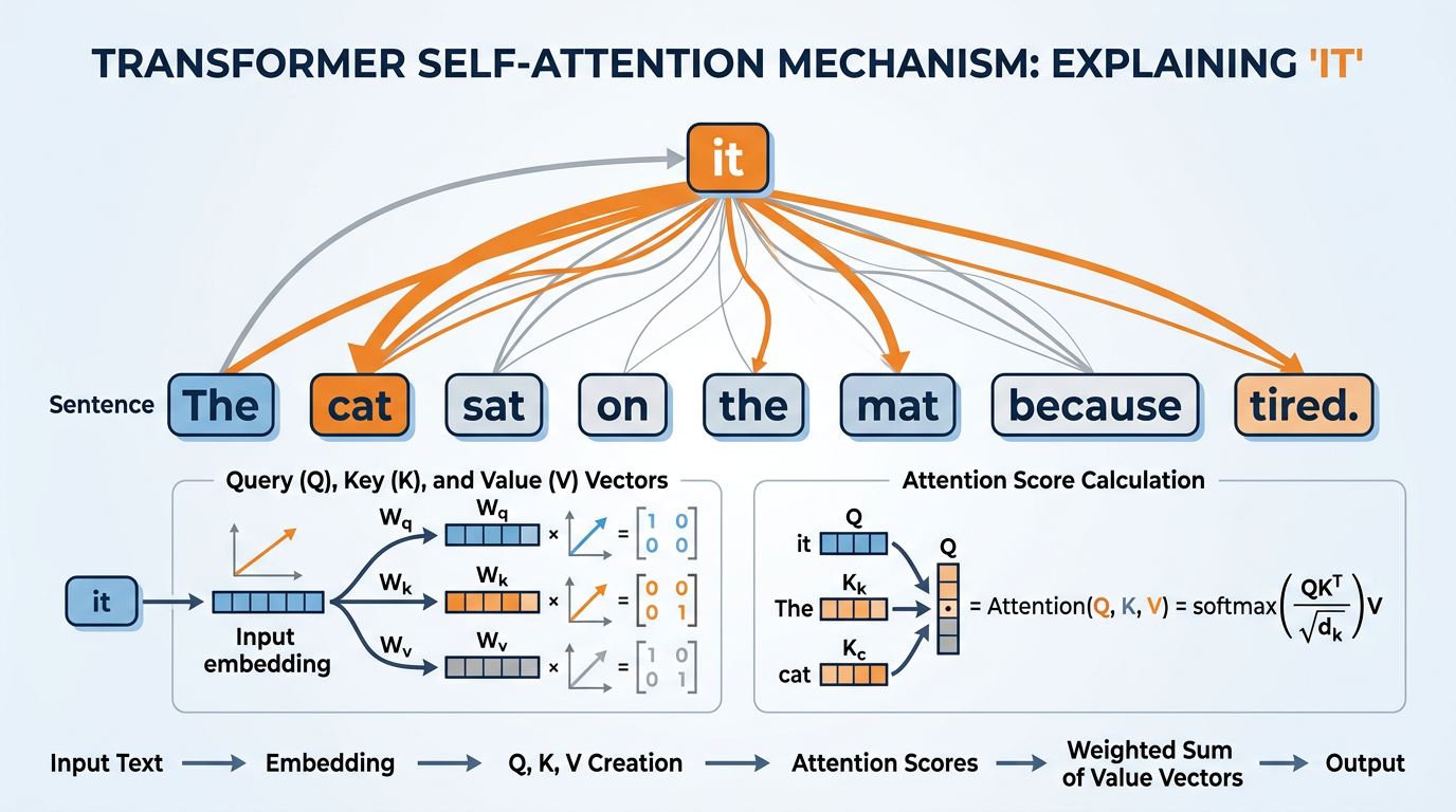 Simplified diagram of the transformer self-attention mechanism showing how words in a sentence attend to each other with varying weights
