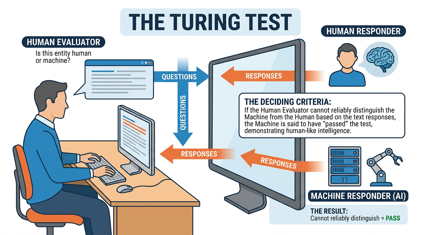 Diagram illustrating the Turing Test with a human evaluator communicating via text with a human and a computer behind a screen