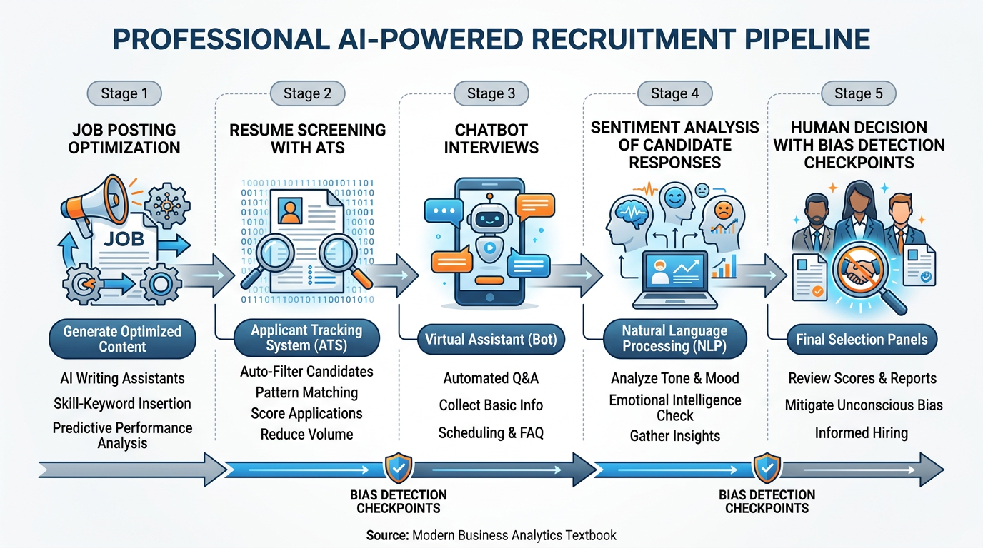 Professional textbook illustration of an AI-powered recruitment pipeline showing job posting optimization, resume screening, chatbot interviews, sentiment analysis of candidate responses, and bias detection checkpoints. Clean modern infographic style with blue and orange color scheme, flowchart with labeled stages.