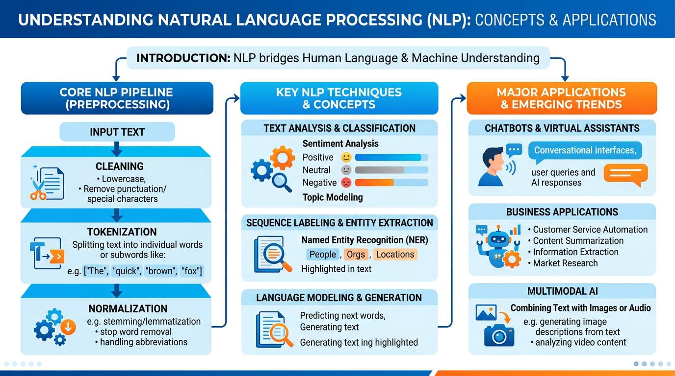 A comprehensive infographic summarizing the concepts of Natural Language Processing, including text preprocessing, tokenization, sentiment analysis, chatbots, multimodal AI, and business applications. Clean modern flat design with blue and orange color scheme.