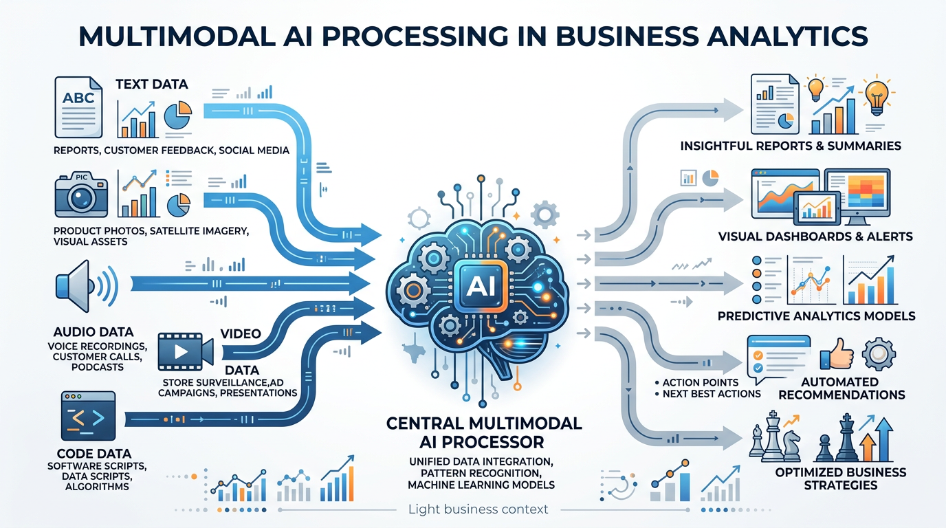 Professional textbook illustration showing multimodal AI processing multiple data types simultaneously — text, images, audio, video, and code converging into a single AI system. Clean modern infographic style with blue and orange color scheme, showing input modalities flowing into a central AI processor and generating multimodal outputs.
