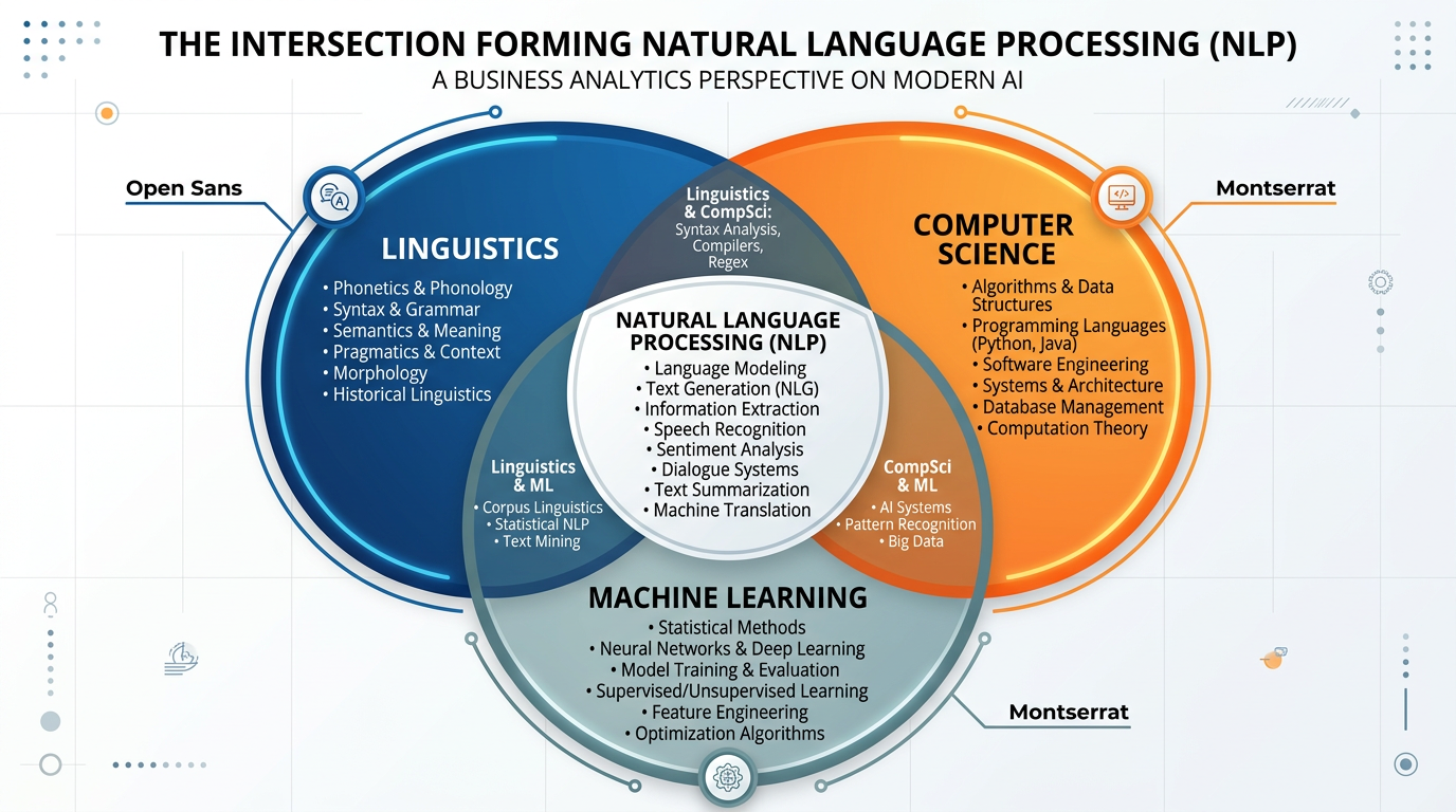 Professional textbook illustration showing the intersection of linguistics, computer science, and machine learning that forms NLP. Clean modern infographic style with blue and orange color scheme, Venn diagram layout with labeled components.