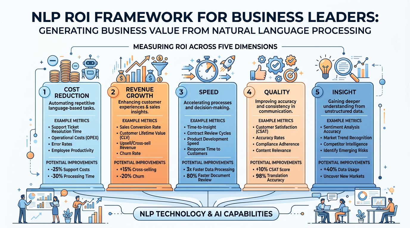 Professional textbook illustration of an NLP ROI framework showing five dimensions — Cost Reduction, Revenue Growth, Speed, Quality, and Insight — with example metrics and improvements. Clean modern infographic style with blue and orange color scheme.