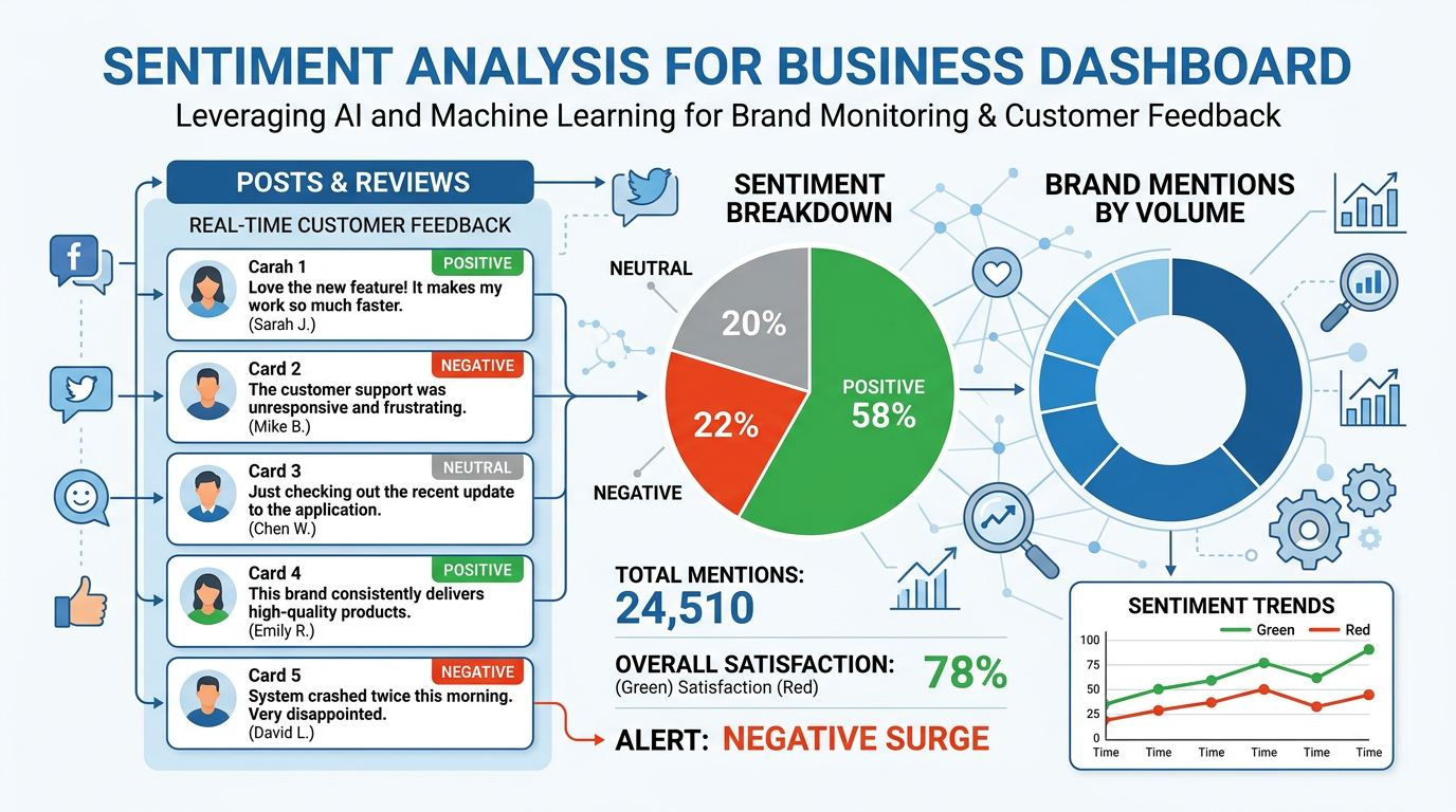 Professional textbook illustration showing sentiment analysis applied to business contexts — social media monitoring, customer review analysis, and brand tracking dashboards. Clean modern infographic style with blue and orange color scheme, showing positive/negative/neutral classifications with example text.
