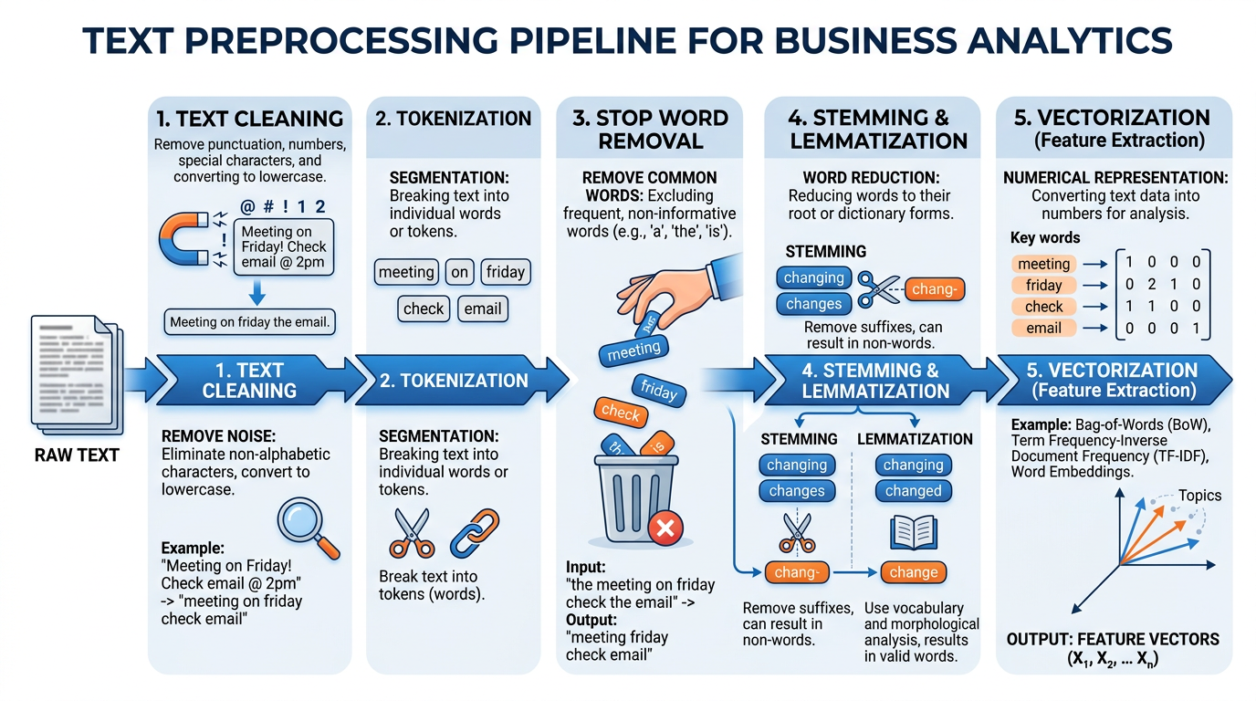 Professional textbook illustration of a text preprocessing pipeline showing raw text flowing through cleaning, tokenization, stop word removal, stemming/lemmatization, and vectorization stages. Clean modern infographic style with blue and orange color scheme, flowchart with labeled components.