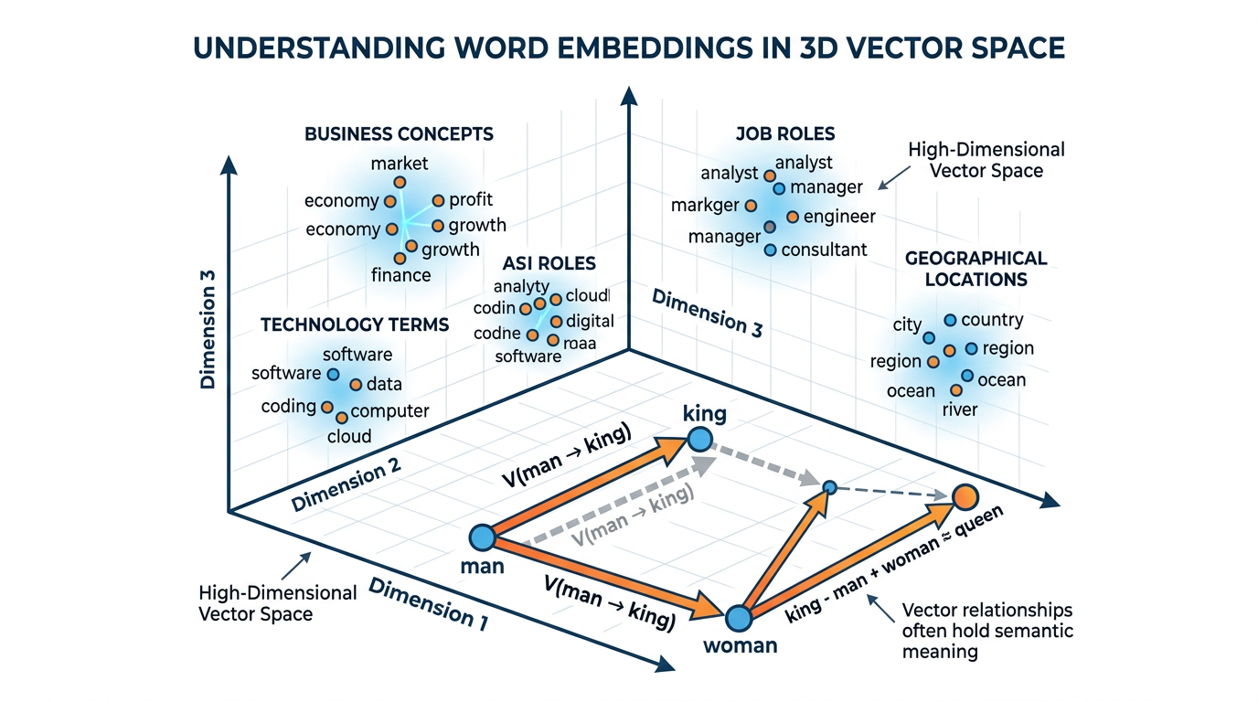 Professional textbook illustration showing word embeddings as points in a 3D vector space, with semantically similar words clustered together. Clean modern infographic style with blue and orange color scheme. Shows words like king, queen, man, woman positioned to demonstrate semantic relationships.