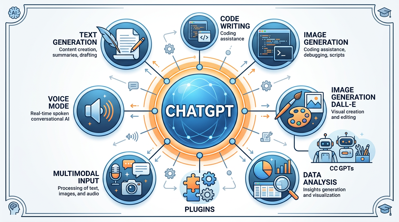 Professional textbook illustration showing ChatGPT capabilities and features — text generation, code writing, image generation with DALL-E, plugins, custom GPTs, data analysis, and multimodal features. Clean modern infographic style with blue and orange color scheme. White background with labeled components. Business analytics education context. Wide landscape format.