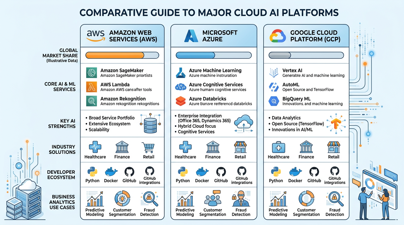 Professional textbook illustration comparing major cloud computing platforms for AI — AWS, Microsoft Azure, and Google Cloud Platform — showing market share, key AI services, and strengths. Clean modern infographic style with blue and orange color scheme.