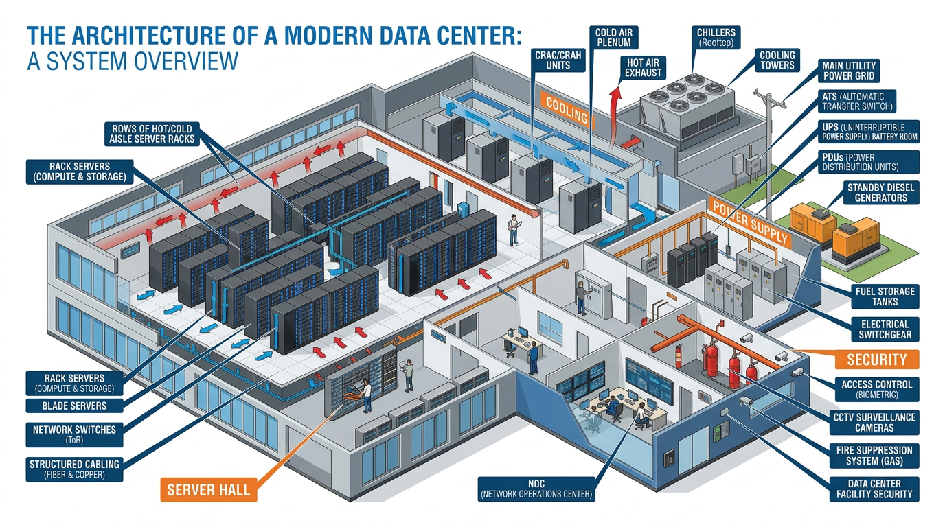 Professional textbook illustration showing the architecture of a modern data center, including server racks, networking equipment, cooling systems, power supply with backup generators, and security systems. Cutaway view showing layout. Clean modern infographic style with blue and orange color scheme. White background with labeled components.