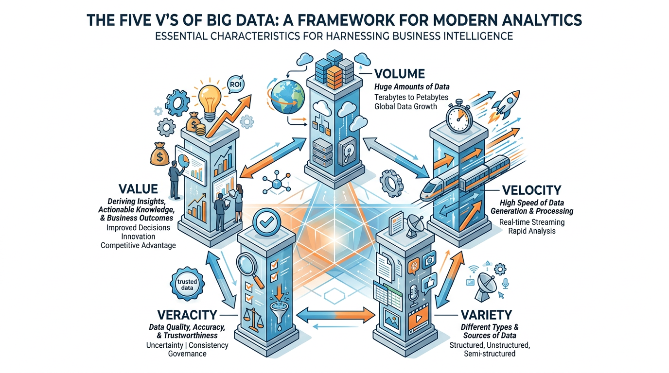 Professional textbook illustration of the Five V's of Big Data shown as five interconnected pillars or pentagon — Volume, Velocity, Variety, Veracity, and Value. Each pillar has icons and brief descriptions. Clean modern infographic style with blue and orange color scheme. White background with labeled components and clear typography.