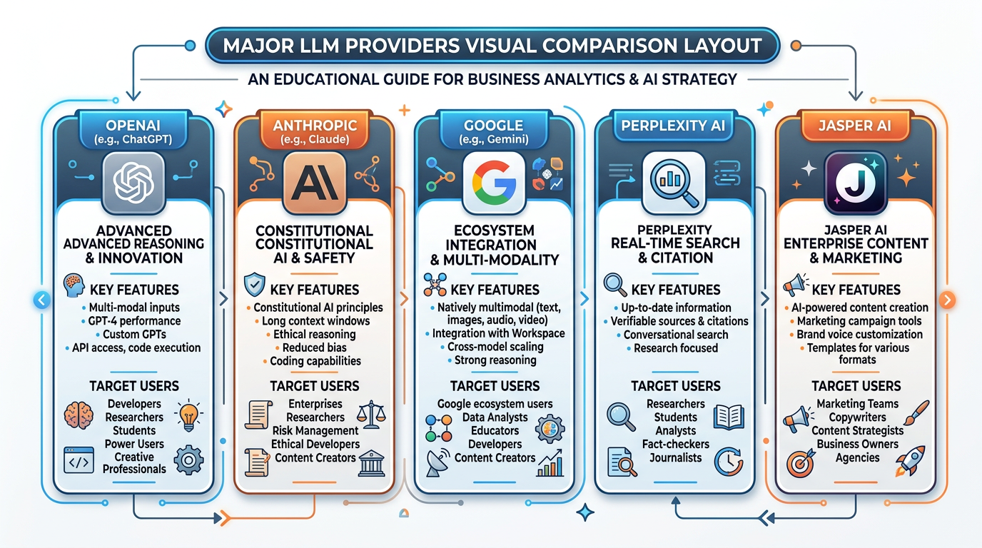 Professional textbook illustration comparing major LLM providers and their flagship models — OpenAI ChatGPT, Anthropic Claude, Google Gemini, Perplexity AI, and Jasper. Comparison table format showing key features, strengths, and target users. Clean modern infographic style with blue and orange color scheme. White background with labeled components.