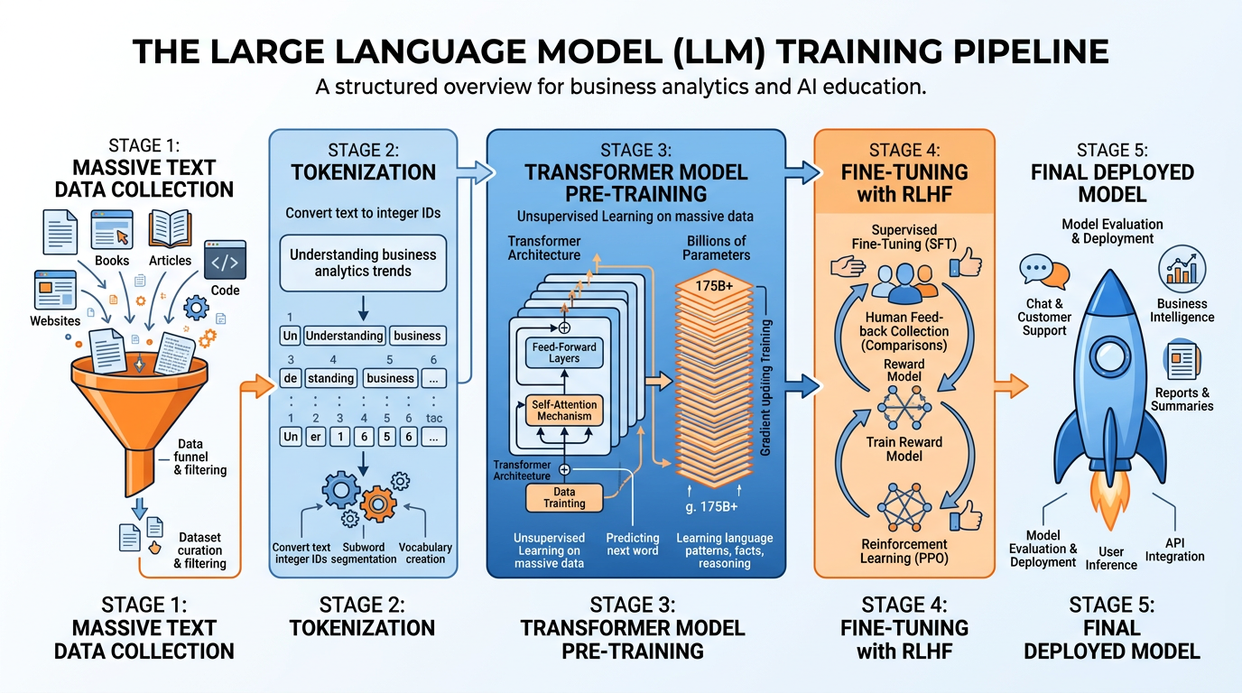 Professional textbook illustration showing the LLM training process as a horizontal pipeline — from massive text data collection through tokenization, transformer pre-training, RLHF fine-tuning, to final deployment. Clean modern infographic style with blue and orange color scheme.