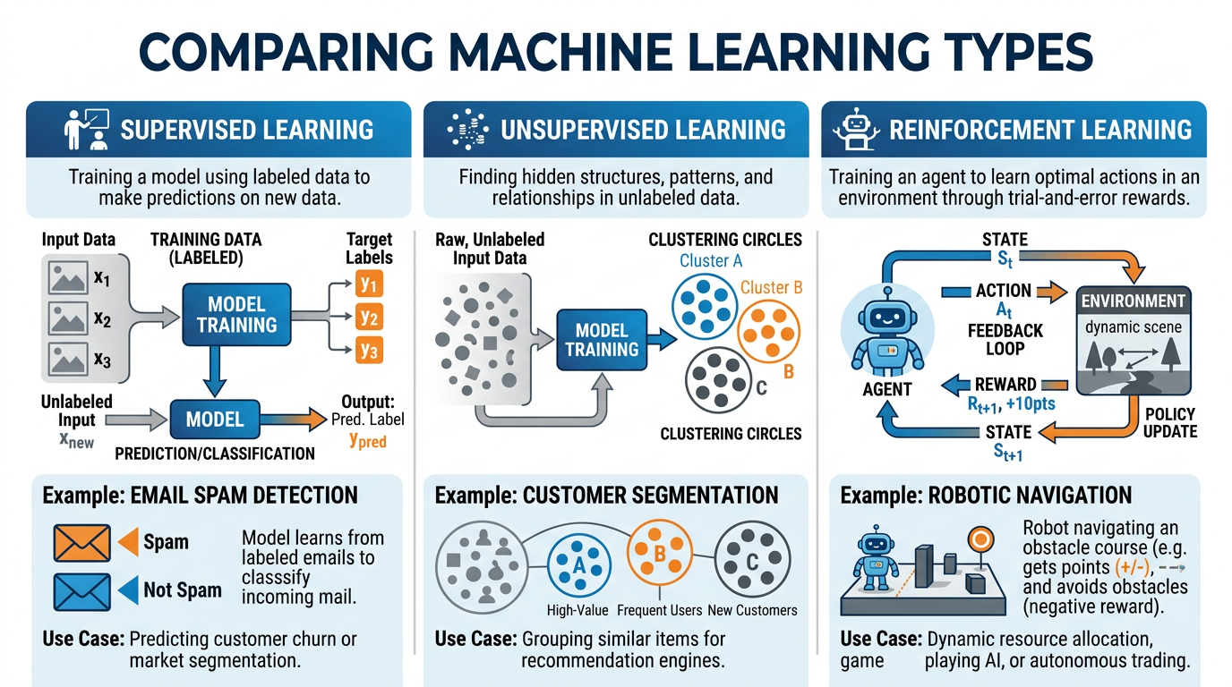 Professional textbook illustration comparing three types of machine learning — supervised learning, unsupervised learning, and reinforcement learning. Each shown with a diagram of the process, example use case, and key characteristics. Clean modern infographic style with blue and orange color scheme. White background with labeled components.