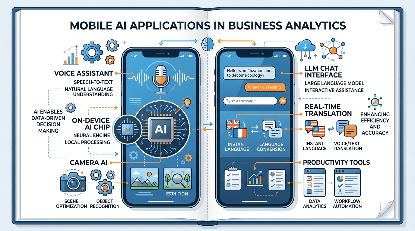 Professional textbook illustration showing mobile AI applications on smartphones — voice assistants, on-device AI processing, camera AI features, and LLM-powered mobile apps. Shows both iOS and Android devices with AI features highlighted. Clean modern infographic style with blue and orange color scheme. White background with labeled components. Business analytics education context. Wide landscape format.