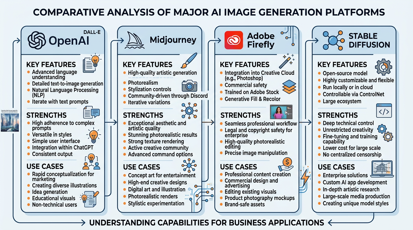 Comparison of four major AI image generation platforms showing DALL-E, Midjourney, Adobe Firefly, and Stable Diffusion with their key features and use cases