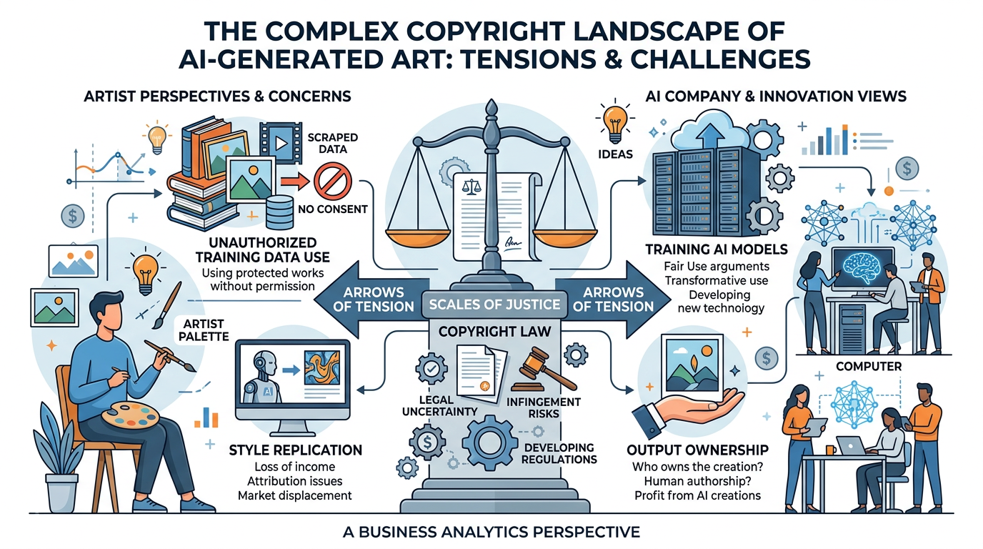 Infographic illustrating the complex copyright landscape of AI-generated art, showing tensions between AI companies, artists, and copyright law