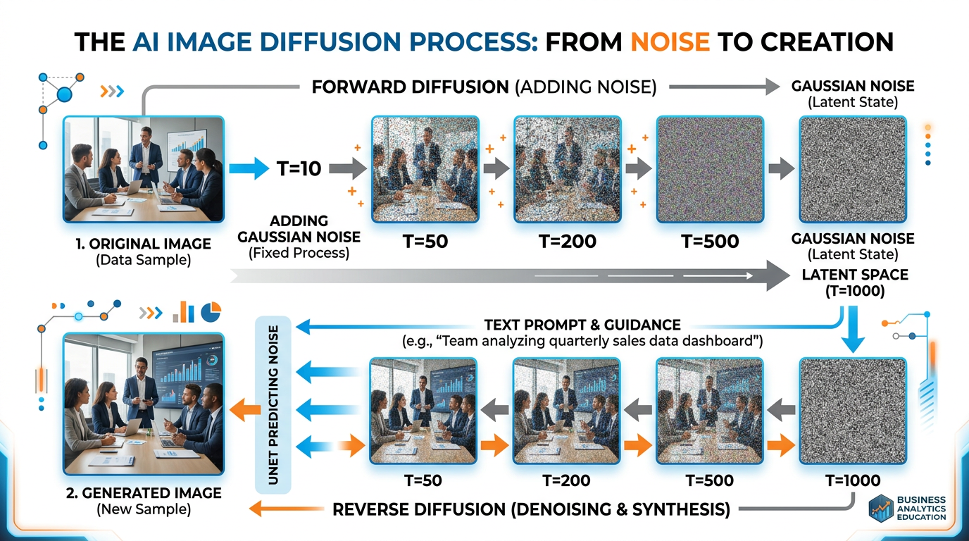 Diagram illustrating the forward and reverse diffusion process in AI image generation, showing noise being progressively added then removed to create images