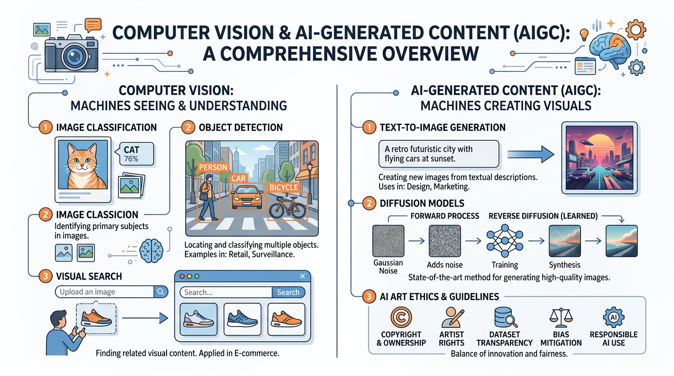 A comprehensive infographic summarizing computer vision concepts including image classification, object detection, AI image generation, text-to-image models, and ethical considerations in AI art