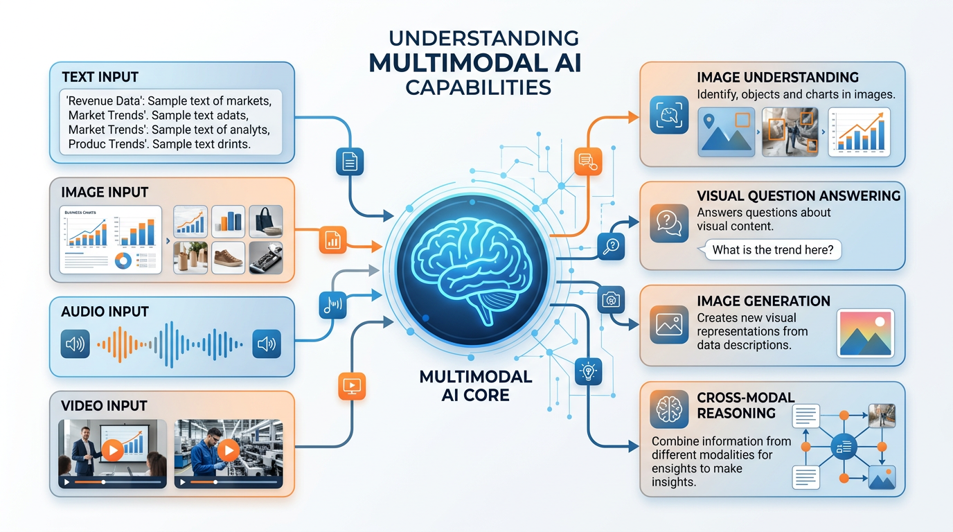 Diagram showing the capabilities of multimodal AI systems including image understanding, visual question answering, image generation, and cross-modal reasoning