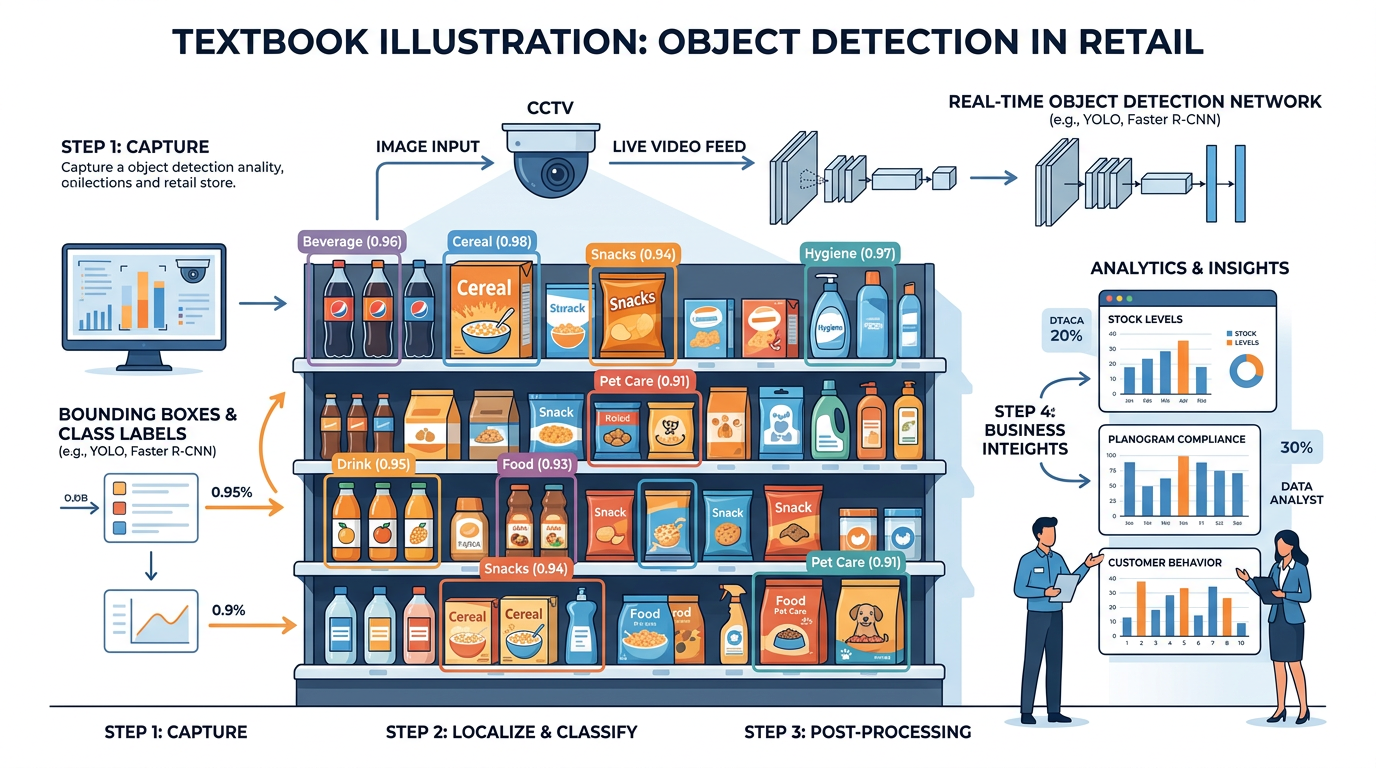 Illustration of object detection in a retail environment showing bounding boxes around products with classification labels and confidence scores