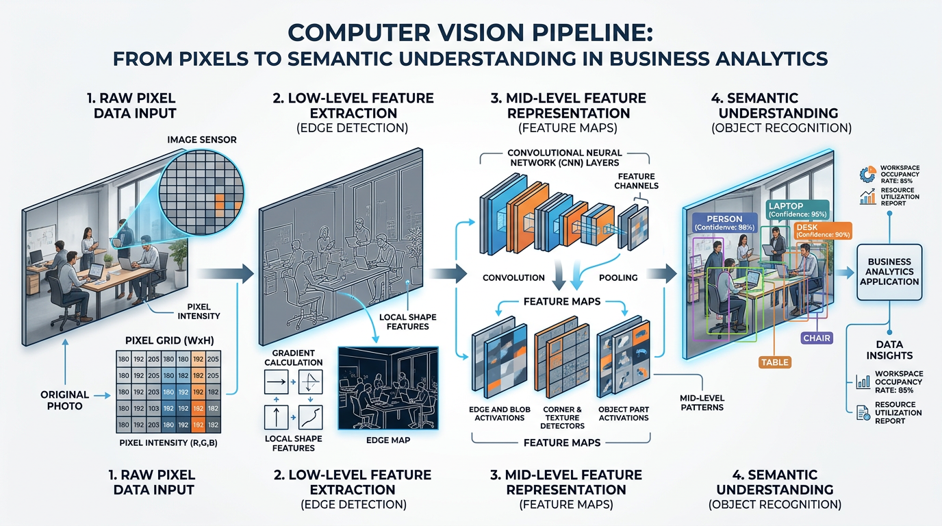 Diagram showing the progression from raw pixel data to feature extraction to semantic understanding in computer vision