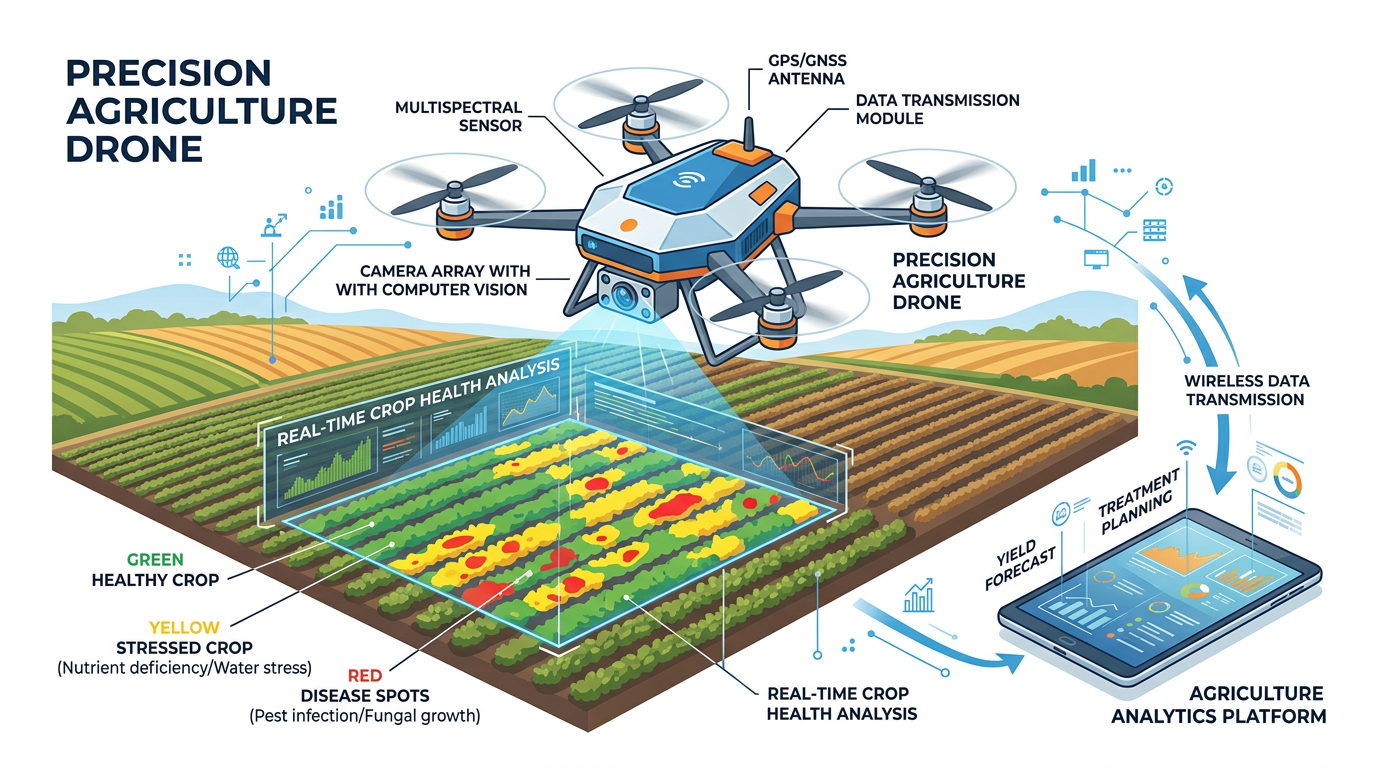 Illustration of precision agriculture using drones with computer vision to monitor crop health, detect diseases, and optimize farming operations
