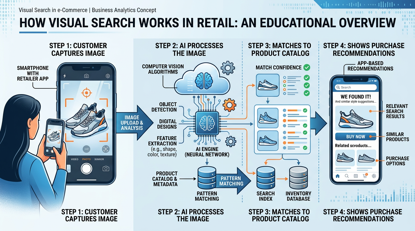 Illustration showing how visual search technology works in retail, from camera capture to product matching to purchase recommendation