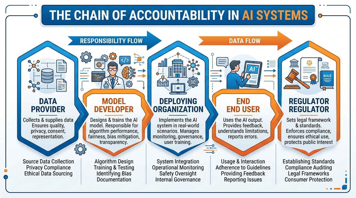Diagram showing the chain of accountability in AI systems from data providers through model developers to deployers and end users