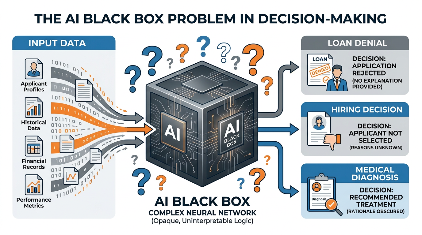 Illustration of the AI black box problem showing input data entering a complex neural network and producing decisions without transparent reasoning