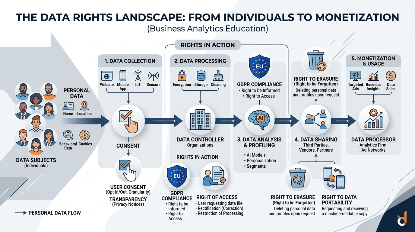 Infographic showing the data rights landscape including data collection, consent, processing, ownership, and individual rights under various regulatory frameworks